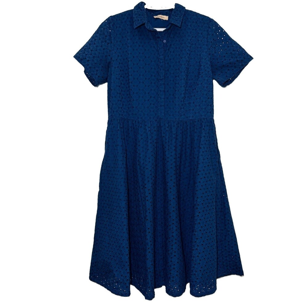 Timeless London Blue Cotton Eyelet Shirt Dress Collared Lined Fit & Flare Small